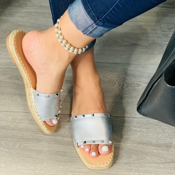 Women’s Silver Flat Summer Sandals with Details - Picture 1 of 9